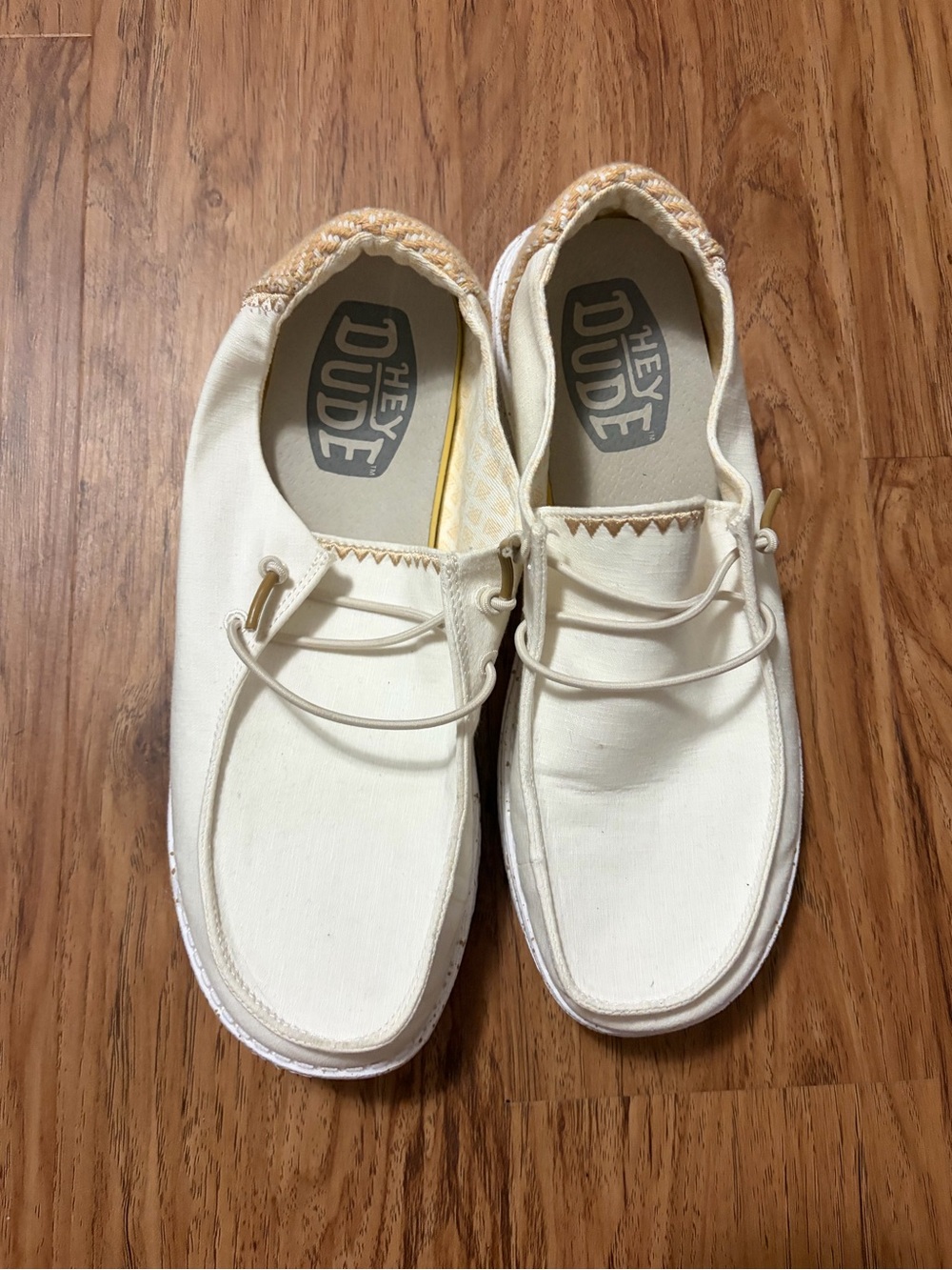 Hey Dude Canvas Slip-On Loafers in Cream and Tan Accent